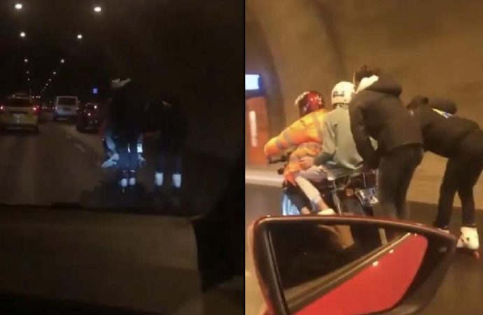 Tünelde patenli gençlerin motosiklet arkasında yolculuğu  yürekleri ağıza getirdi