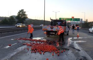 Eyüpsultan TEM Otoyolu’nda domates yüklü kamyonet devrildi: 3 yaralı 