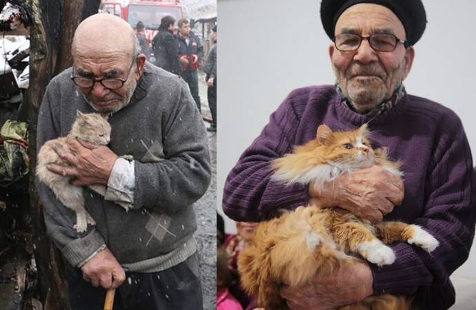 Ali Dede yangından birlikte kurtulduğu kedisiyle yaşıyor
