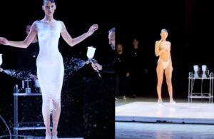 Sahneye çıplak çıkan model Bella Hadid’e boya ile elbise giydirdiler