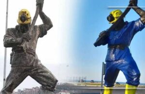 Madenci Anıtı’nı sarı-maviye boyayan AKP’li belediyeye sanatçıdan tepki