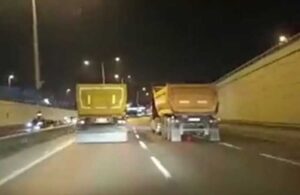 Trafikte tehlikeli oyun! Hafriyat kamyonları İstanbul’daki otoyolda yarıştı