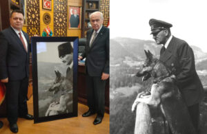 MHP’li başkan Bahçeli’ye Atatürk’ün Hitler yerine montajlandığı fotoğrafı hediye etti