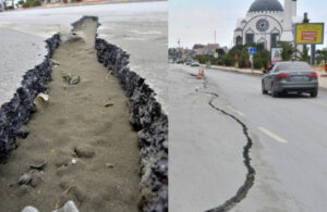 Depremin ardından çöken sahil yolunda deniz kumu