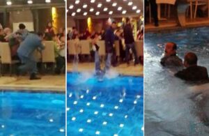 Depremzedelere moral için sahneye çıkan Mustafa Keser havuza düştü