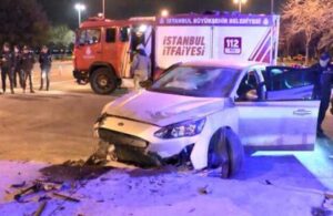 İstanbul’un göbeğinde kaldırıma vuran otomobilde beş kişi sıkıştı!