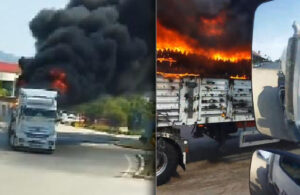 Fabrika yangınında tutuşan TIR şoförü tarafından uzaklaştırılarak facia önlendi