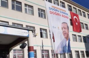 Van mitingi öncesi okula Erdoğan pankartı