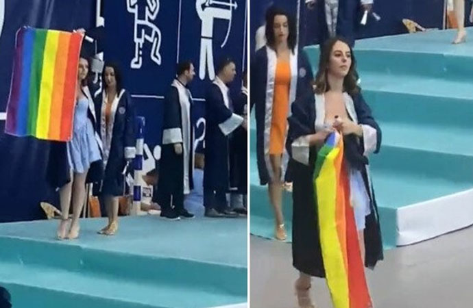 Mezuniyet töreninde LGBTİ bayrağı açan öğrenci hakkında işlem başlatıldı
