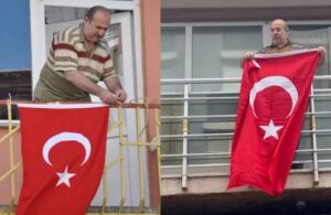 ‘Bayrak asan dayı’ Cumhuriyet’in 100. yılı için balkona çıktı
