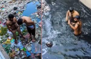 Görüntüler Hindistan’dan… Donlarına kadar soyunup çöp dolu suya daldılar