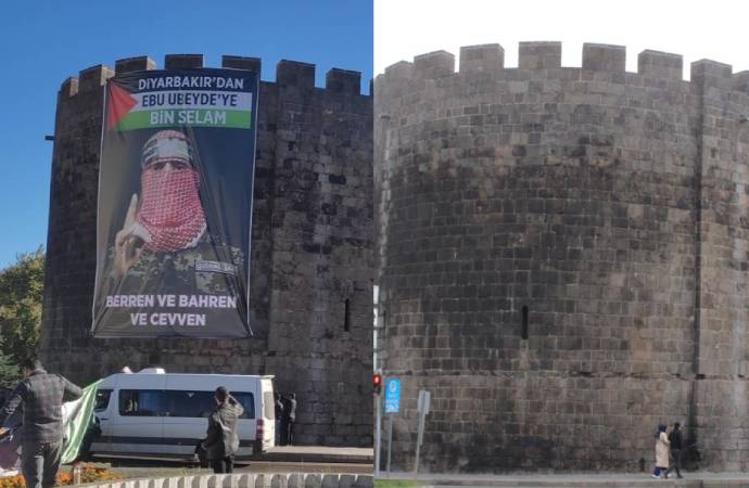 Diyarbakır’da tarihi sura asılan Ebu Ubeyde posteri indirildi