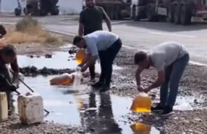 Şırnak’ta kaza yapan tankerden dökülen akaryakıtı poşetle yağmaladılar