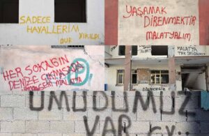 Depremin büyük yıkıma yol açtığı Malatya’da depremzedeler sevgi ve umutlarını duvar yazılarına aktardı