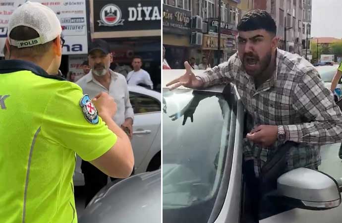 Aksaray’da hatalı park yapan bir sürücü, aracını kendisini uyaran trafik polisinin üzerine sürdü. Polis memuru kendisine bağıran ve aracını üzerine süren 2 kişiden şikayetçi oldu.