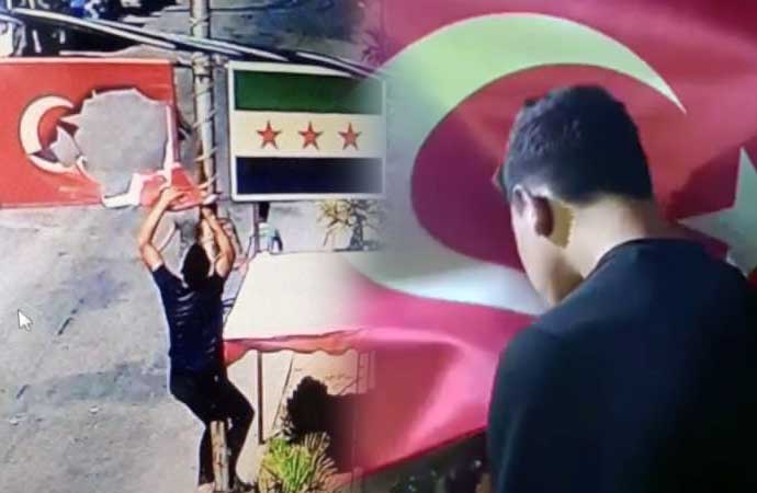 Suriye'nin kuzeyinde Türk bayrağına saldıran bir şüpheli gözaltına alındı. Gözaltına alınan kişi, pişman olduğunu belirtip bayrağı öperek Türk halkından özür diledi.