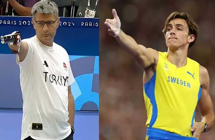 Olimpiyat şampiyonu olan Duplantis’ten Yusuf Dikeç pozu