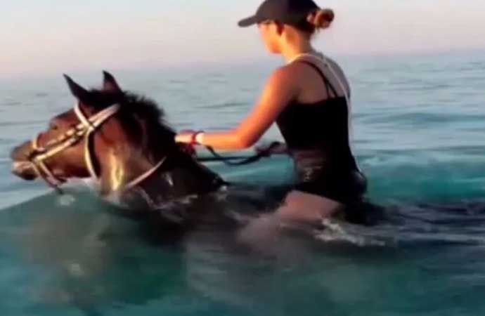 Antalya’da tepki çeken görüntüler! Turizm adı altında denizin içinde atlara eziyet